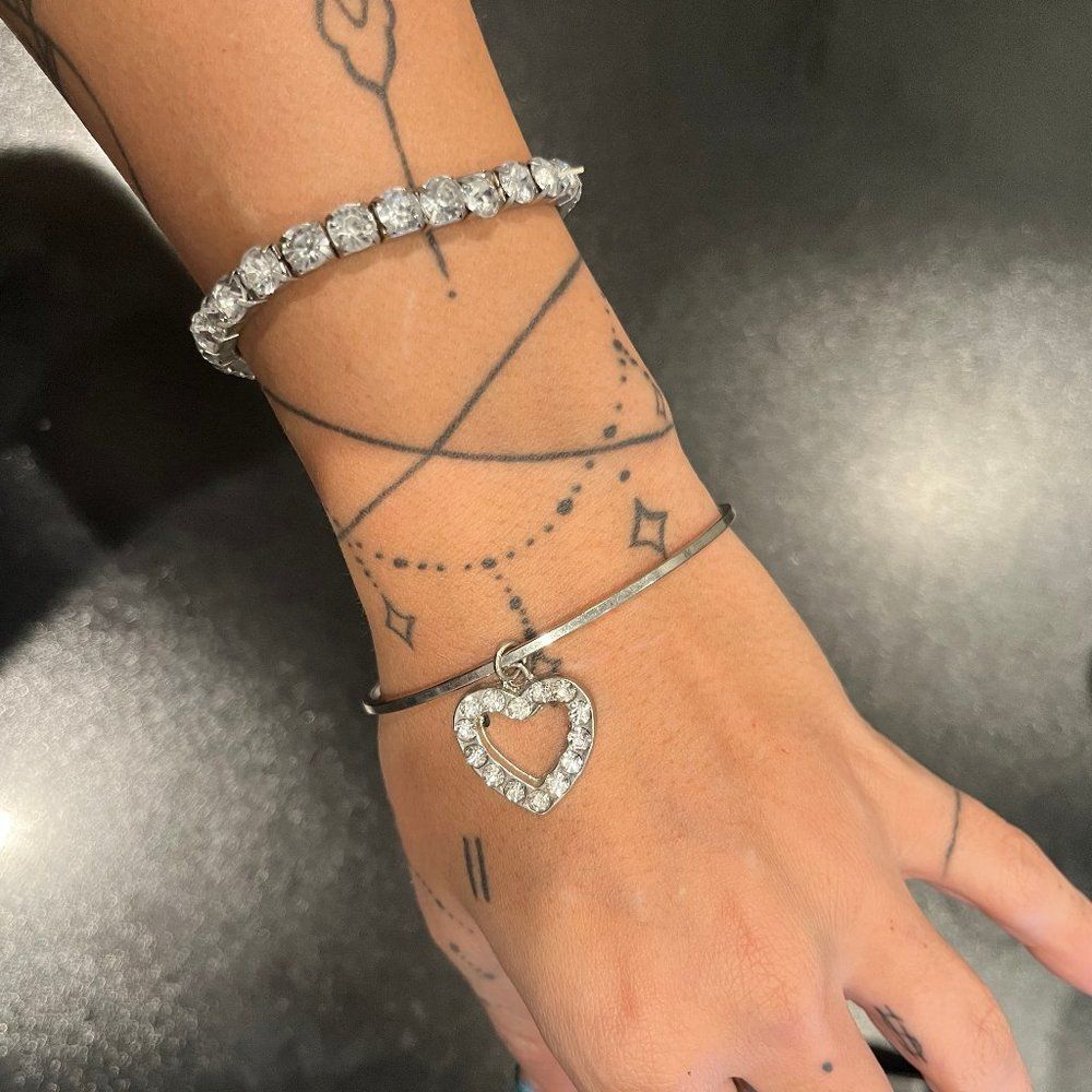 Pair of Bangles, Two Bracelets, Silver Heart and Gems